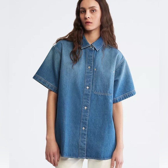 Calvin Klein Sunbleached Relaxed Denim Button-Down Shirt - Picture 1 of 10